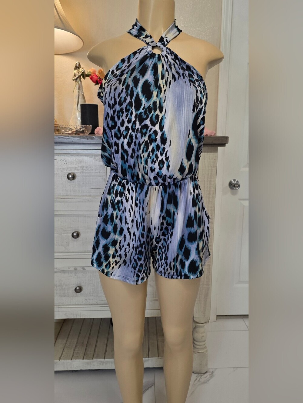 Ariella Blue and Black Leopard-Print Romper